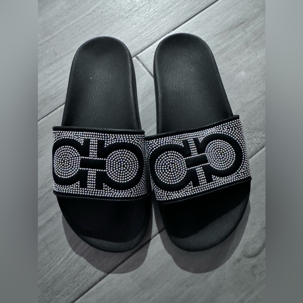 Ferragamo Black Studded Slides Logo Sandals Chic Summer Designer - Picture 1 of 6